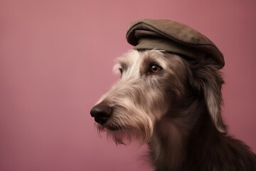 Photography in the style of pensive portraiture of a cute scottish deerhound wearing a beret against a dusty rose background. With generative AI technology