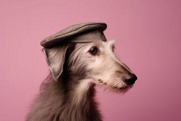 Photography in the style of pensive portraiture of a cute scottish deerhound wearing a beret against a dusty rose background. With generative AI technology