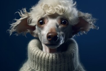 Close-up portrait photography of a cute poodle wearing a cashmere sweater against a navy blue background. With generative AI technology - obrazy, fototapety, plakaty