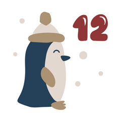 Christmas advent calendar with hand drawn penguin. Day twelve 12. Scandinavian style poster. Cute winter illustration for card, poster, kid room decor, nursery art