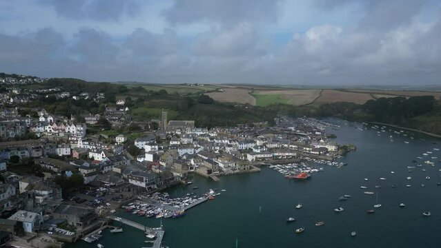 Salcombe, South Devon, England: DRONE VIEWS: The town of Salcombe; Salcombe Harbour & town jetty, Batson Creek & boats. Salcombe is a popular UK holiday resort with expensive properties.