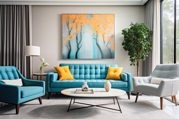 Mid-century modern design with a large turquoise sofa with cushions against wall with art poster. Mid-century style home interior design of modern living room with lounge chairs and big windows. 