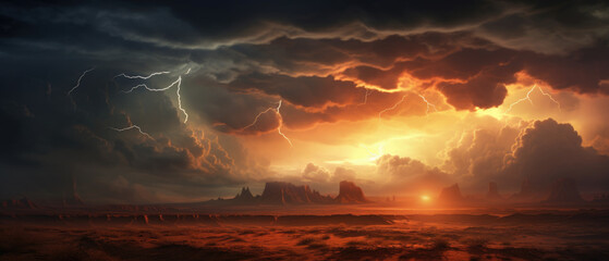 Classic southwest desert landscape with storm clouds and lightning - obrazy, fototapety, plakaty