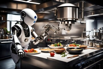 A robot chef preparing a gourmet meal in a high-end restaurant kitchen.