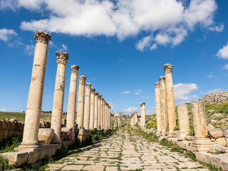 Columns in the ancient city of Jerash, believed to be founded in 331 BC by Alexander the Great, Jerash, Jordan