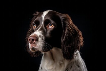 Photography in the style of pensive portraiture of a cute english springer spaniel wearing a puffer jacket against a matte black background. With generative AI technology