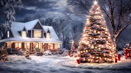 A snow-covered country home with a towering Christmas tree in front is the scene in this picture.