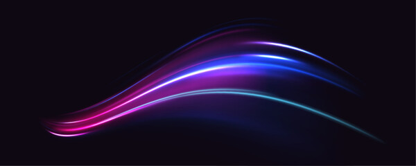 Abstract long exposure dynamic speed light trails background. Neon color glowing lines background, high-speed light trails effect. 