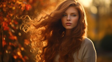 Portrait of a Young woman. Beautiful autumn redhead model with flowing wavy hair.