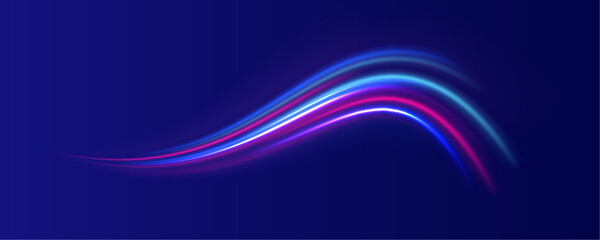 Expressway, the effect of car headlights. Low-poly construction of fine lines. Blue background. Elegant bright neon linear wave. 