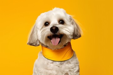 Medium shot portrait photography of a happy havanese dog wearing a bandage against a bright yellow background. With generative AI technology
