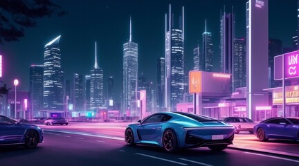 traffic at night - hyper modern city, with futuristic buildings and cars at night - a cute...