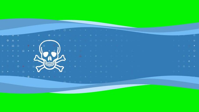 Animation of blue banner waves movement with white skull symbol on the left. On the background there are small white shapes. Seamless looped 4k animation on chroma key background