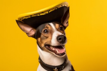 Lifestyle portrait photography of a smiling basenji dog wearing a pirate hat against a bright yellow background. With generative AI technology