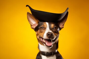 Lifestyle portrait photography of a smiling basenji dog wearing a pirate hat against a bright...