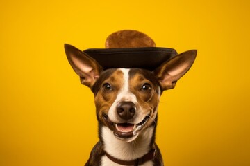 Lifestyle portrait photography of a smiling basenji dog wearing a pirate hat against a bright yellow background. With generative AI technology