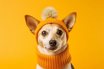 Lifestyle portrait photography of a funny norwegian lundehund wearing a knit cap against a bright yellow background. With generative AI technology - obrazy, fototapety, plakaty