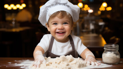 Child dressed as chef kneading dough, preparing to bake bread.
