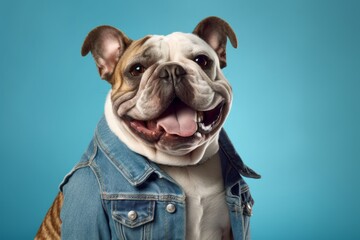 Lifestyle portrait photography of a smiling bulldog wearing a denim vest against a teal blue background. With generative AI technology