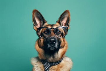 Medium shot portrait photography of a funny german shepherd wearing a hipster glasses against a teal blue background. With generative AI technology - obrazy, fototapety, plakaty