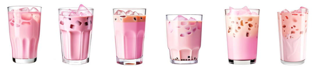 Pink milk. Sweet refreshing. Collection. Isolated on transparent background.