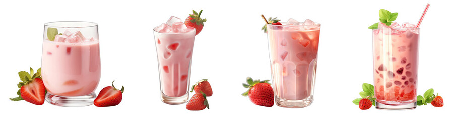 Strawberry milk. Sweet and refreshing. Collection. Isolated on transparent background.