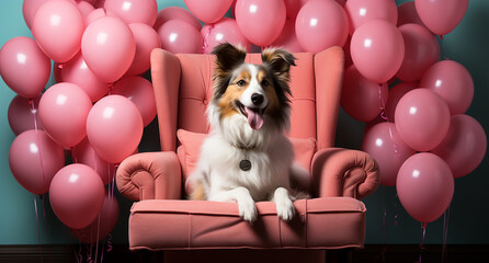 Fototapeta na wymiar Dog Photoshoot on a Pink Chair in a Studio with Pink Balloons. AI-generated