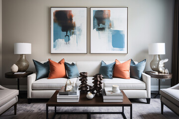 Transitional interior design for a modern living room featuring an elegant sofa, artwork, table, and stylish decor - obrazy, fototapety, plakaty