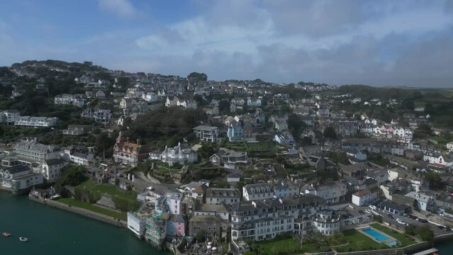 Salcombe, South Devon, England: DRONE VIEWS: The town of Salcombe; Salcombe Harbour; The Ferry Inn slipway & ferries. Salcombe is a popular UK holiday resort with expensive properties.