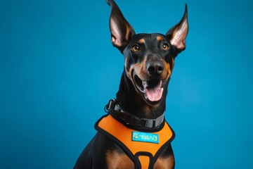 Close-up portrait photography of a smiling doberman pinscher wearing a reflective vest against a teal blue background. With generative AI technology