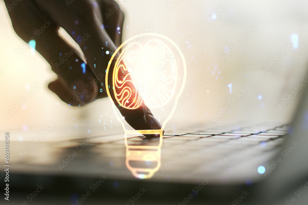 Poster double exposure of creative light bulb hologram with human brain and with hands typing on laptop on 