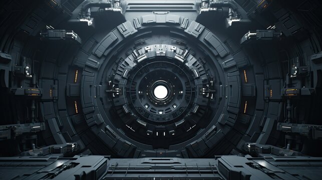 Mechanical futuristic metal circle door in spaceship