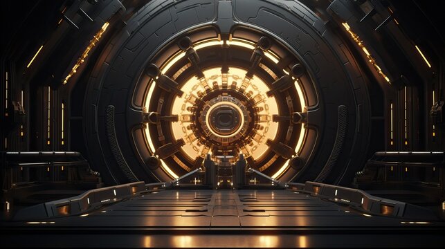 Mechanical futuristic metal circle door in spaceship