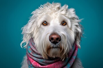 Headshot portrait photography of a funny komondor dog wearing a cooling bandana against a teal blue background. With generative AI technology