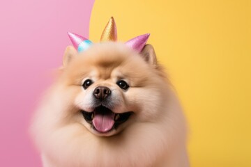 Close-up portrait photography of a cute chow chow dog wearing a unicorn horn against a pastel yellow background. With generative AI technology