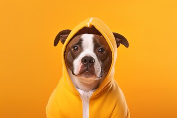 Close-up portrait photography of a happy staffordshire bull terrier wearing a fluffy hoodie against a pastel yellow background. With generative AI technology