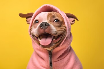 Close-up portrait photography of a happy staffordshire bull terrier wearing a fluffy hoodie against a pastel yellow background. With generative AI technology - obrazy, fototapety, plakaty