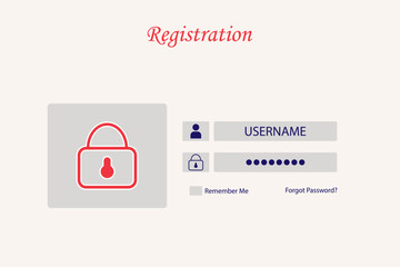 Image of registration on the site. Password and login management. Schematic image of registration