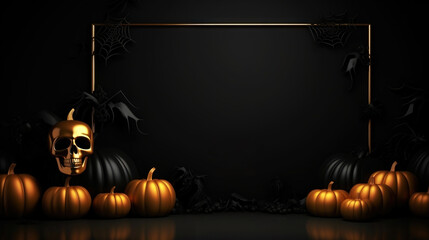 Stylish pumpkins, skulls, bats, spiders on a dark background with copy space. Halloween sale banner. Generative AI