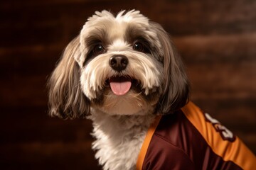 Naklejka na ściany i meble Medium shot portrait photography of a smiling havanese dog wearing a sports jersey against a rustic brown background. With generative AI technology
