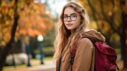 Portrait of a student girl with a backpack and glasses in the park in autumn season