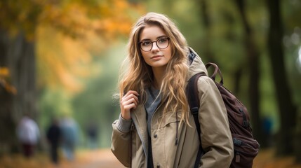 Portrait of a student girl with a backpack and glasses in the park in autumn season