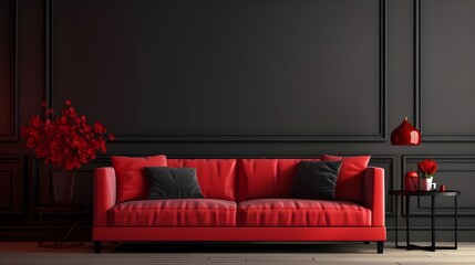 A red colored luxury sofa in a black walls living room with decor mock up.