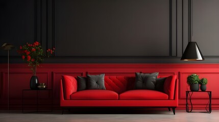 A red colored luxury sofa in a black - red walls living room with decor mock up.