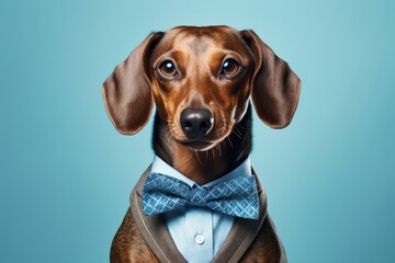 Headshot portrait photography of a happy dachshund wearing a dapper suit against a soft blue background. With generative AI technology