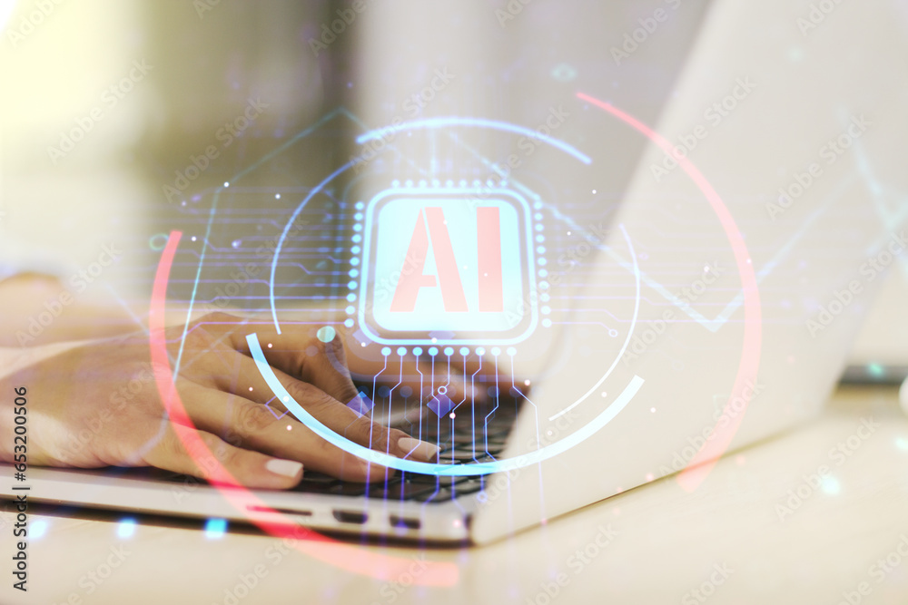Poster double exposure of creative artificial intelligence abbreviation with hand typing on computer keyboa