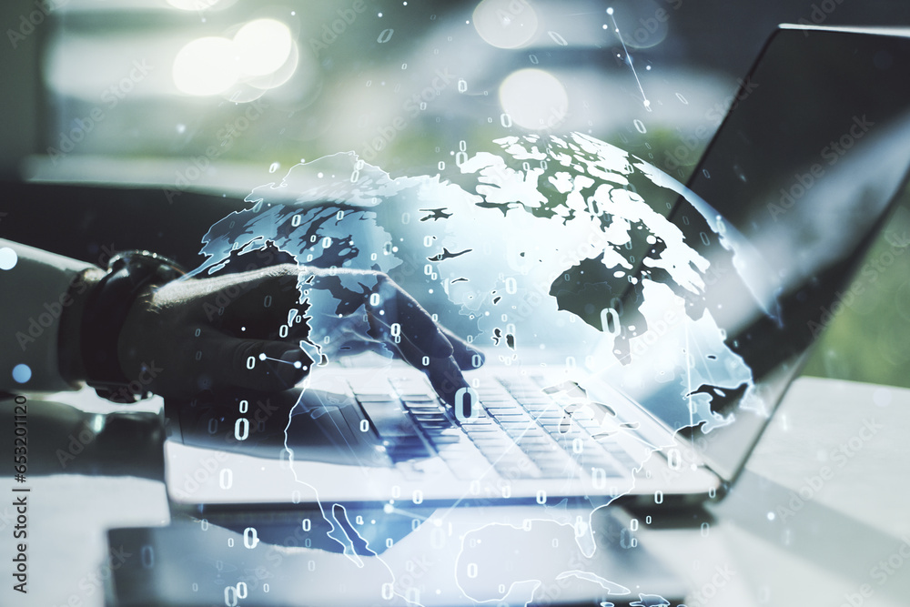Aufkleber multi exposure of abstract software development hologram with world map and hands typing on computer