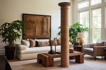 modern living room featuring a single antique column as a centerpiece
