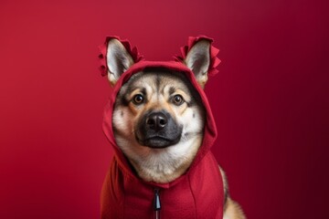 Lifestyle portrait photography of a cute norwegian elkhound wearing a dinosaur costume against a...