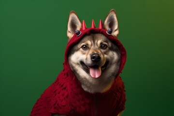 Lifestyle portrait photography of a cute norwegian elkhound wearing a dinosaur costume against a...